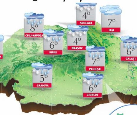 PROGNOZA METEO. Vreme închisă și rece pentru data din calendar, cu ploi, lapoviță și ninsori