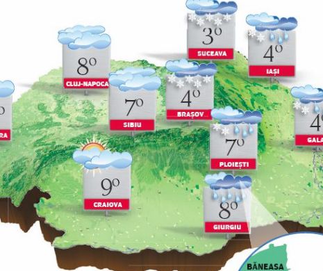 PROGNOZA METEO. Vreme mohorâtă și rece, cu precipitații sub formă de ploaie, lapoviță și ninsoare