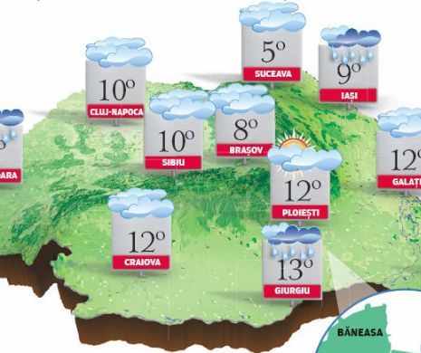 PROGNOZA METEO. Vreme predominant frumoasă, dar înnorată cu vânt și precipitații slabe