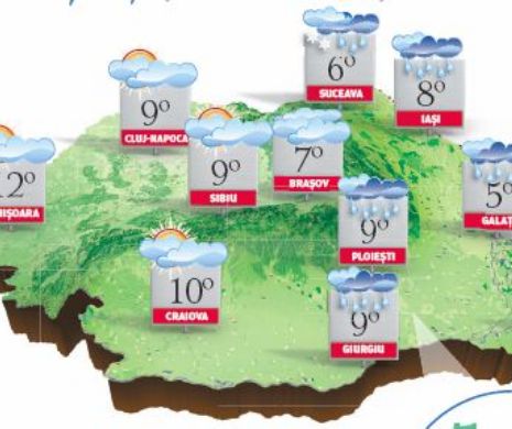 PROGNOZA METEO. Vreme rece, cu cer noros și precipitații sub formă de ploaie, lapoviță și, trecător, ninsoare