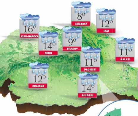 PROGNOZA METEO. Vreme rece și ploioasă cu temperaturi scăzute în aproape toată țara