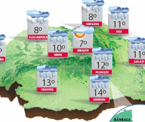 PROGNOZA METEO. În nordul și centrul țării, ploi, lapoviță și ninsori la început de aprilie