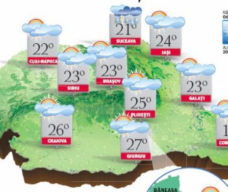 PROGNOZA METEO. Temperaturi de vară, dar, în unele zone, ploile, însoțite de descărcări electrice, rămân în cărți