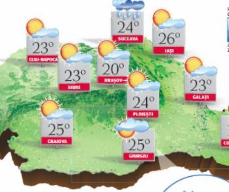 PROGNOZA METEO. Vreme caldă cu înnorări parțiale, vânt slab și maxime de până la 26 de grade Celsius