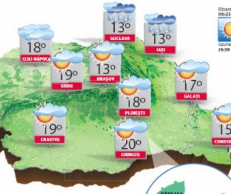 PROGNOZA METEO. Vreme frumoasă, cu temperaturi în limitele perioadei, dar și cu ploi răzlețe și vânt