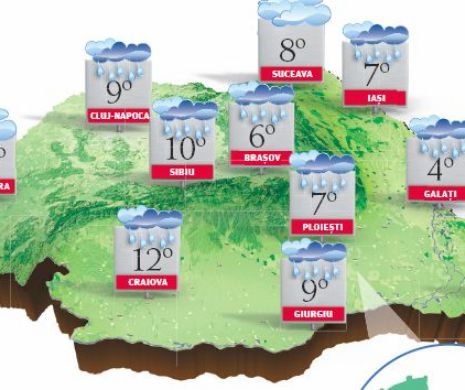 PROGNOZA METEO. Vreme mohorâtă, cu temperaturi scăzute, ploi însemnate cantitativ, lapoviță și ninsoare