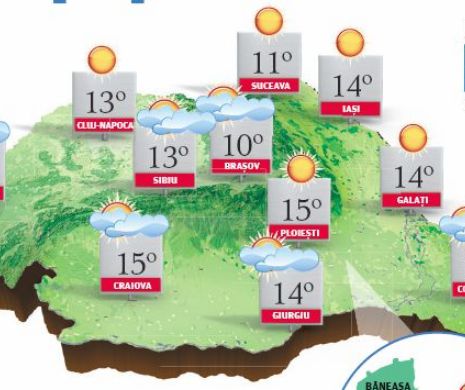 PROGNOZA METEO. Vremea va fi frumoasă şi, din punct de vedere termic, se va apropia de normal