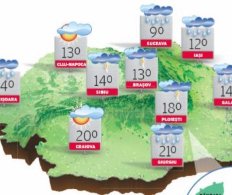 PROGNOZA METEO. Weekend cu temperaturi mai scăzute decât cele normale, ploi, averse și descărcări electrice