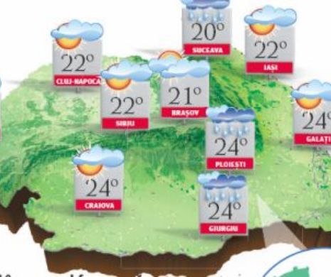 PROGNOZA METEO. Cer variabil cu înnorări și averse, dar cu temperaturi de până la 25 de grade Celsius