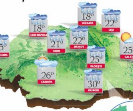 PROGNOZA METEO. În majoritatea regiunilor, vreme instabilă, înnorări, averse și descărcări electrice