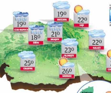 PROGNOZA METEO. În Transilvania, sudul Moldovei și la munte, vreme instabilă cu averse și descărcări electrice