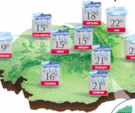 PROGNOZA METEO. Început de săptămână cu ploi în averse, însoțite de descărcări electrice și de vânt