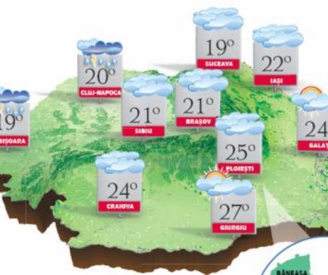 PROGNOZA METEO. Instabilitate atmosferică accentuată în vest, centru și sud-est, unde va ploua în averse