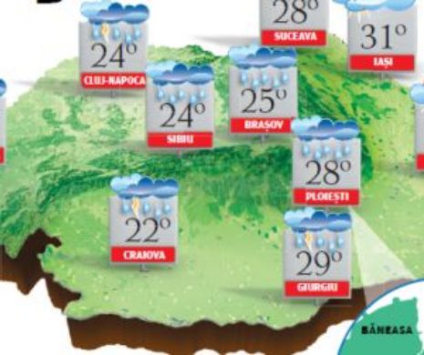 PROGNOZA METEO. Săptămâna începe cu temperaturi în scădere, ploi, descărcări electrice și chiar grindină