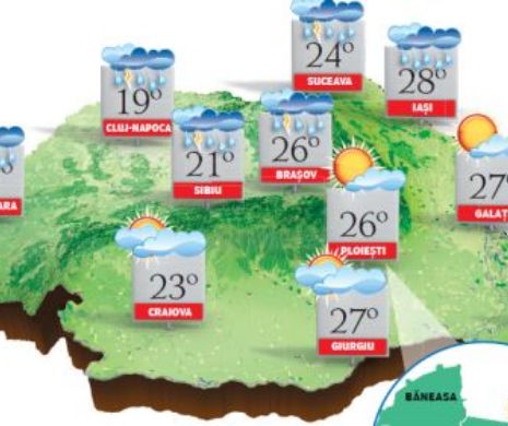 PROGNOZA METEO. Vreme instabilă în majoritatea regiunilor, cu înnorări, ploi și descărcări electrice