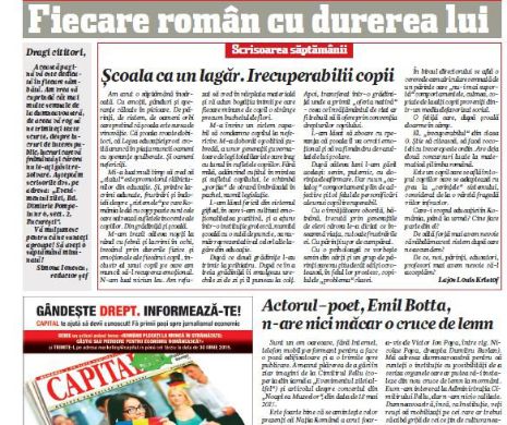 Fiecare român cu durerea lui. Scrisoarea săptămânii. Şcoala ca un lagăr. Irecuperabilii copii