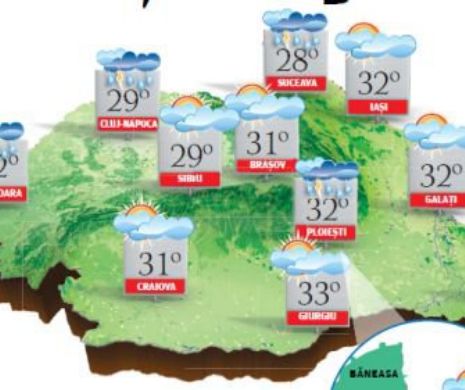 PROGNOZA METEO. Vreme călduroasă, dar, în unele zone, vor cădea ploi în averse și chiar grindină