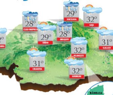 PROGNOZA METEO. Vreme călduroasă, dar local vor fi averse însoțite de descărcări electrice, grindină și vânt
