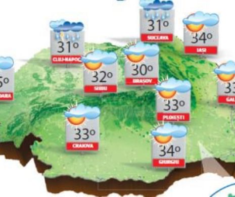 PROGNOZA METEO. Vreme caniculară în vest și sud-vest, unde temperatura urcă la 35 de grade Celsius
