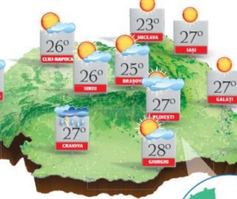 PROGNOZA METEO. Vreme frumoasă dar ușor instabilă cu înnorări, averse și descărcări electrice