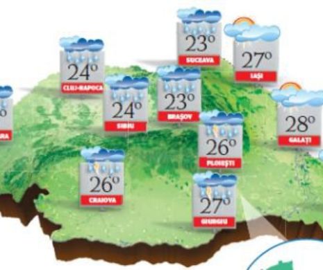 PROGNOZA METEO. Vreme instabilă în majoritatea zonelor, cu ploi în averse și descărcări electrice