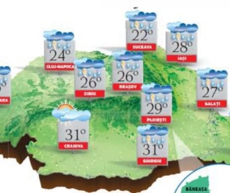 PROGNOZA METEO. Vremea rămâne caldă, dar vor fi ploi și descărcări electrice în majoritatea zonelor