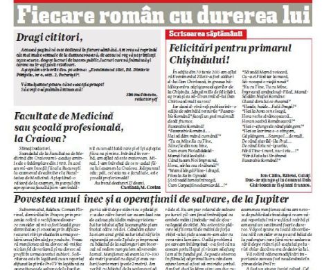 Fiecare român cu durerea lui. Scrisoarea săptămânii. Felicitări pentru primarul Chișinăului!
