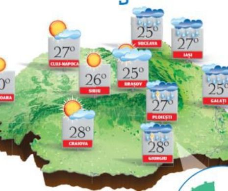 PORGNOZA METEO. O zi cu înnorări, averse și descărcări electrice, dar cu temperaturi de până la 30 de grade C