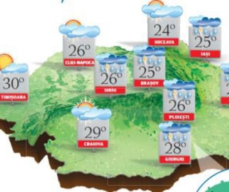 PROGNOZA METEO. În estul, centrul și sudul țării, vreme instabilă cu înnorări, averse și descărcări electrice