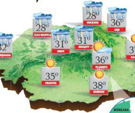 PROGNOZA METEO. Încă o zi caniculară cu 38 de grade C în Muntenia, Oltenia și sudul Moldovei