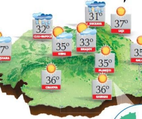 PROGNOZA METEO. La câmpie și podiș, vreme caniculară, dar și un pic mai răcoroasă în nordul țării