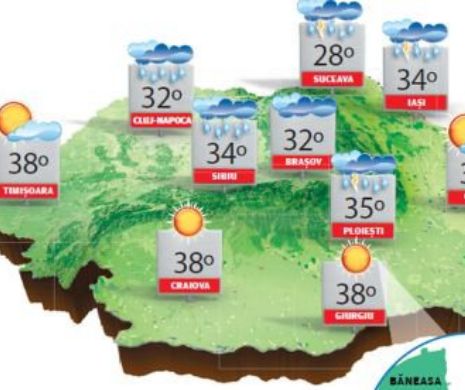 PROGNOZA METEO. Vremea rămâne caniculară dar, local, vor cădea ploi însoțite de grindină și vijelii
