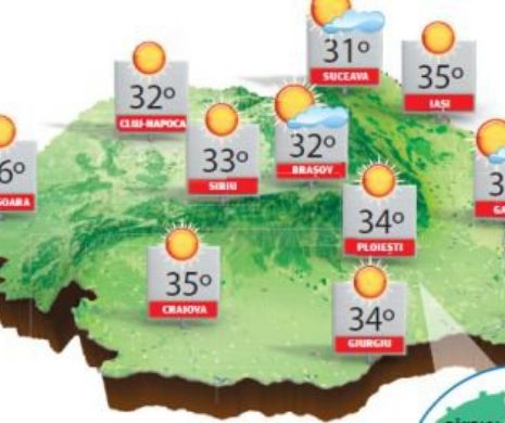 PROGNOYA METEO. Sfârșit de săptămână „fierbinte”, cu temperaturi maxime care aring 36 de grade Celsius