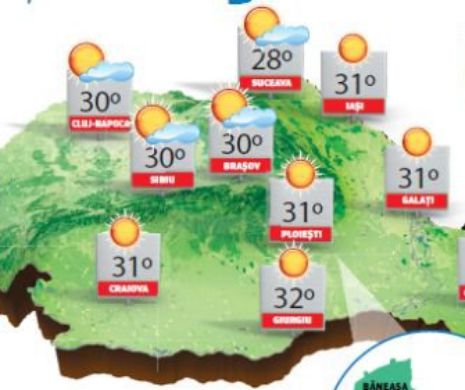PROGNOZA METEO. Cer senin, cu temperaturi maxime care ating în unele zone și 33 de grade Celsius