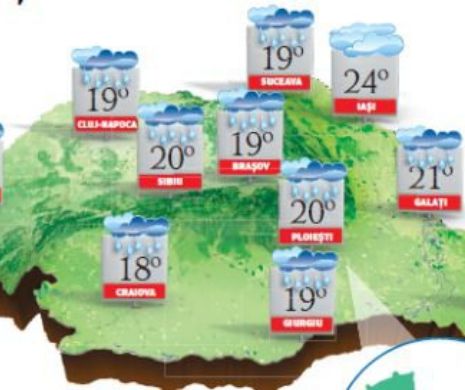 PROGNOZA METEO. Cerul va fi mai mult noros și va ploua mai ales în sudestul și sud-vestul teritoriului
