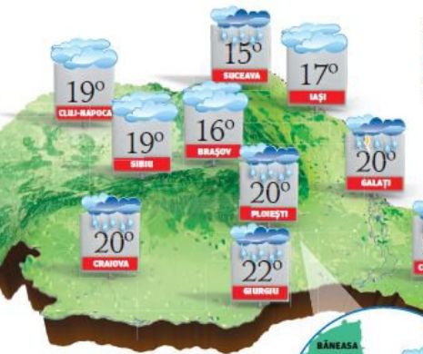PROGNOZA METEO. Temperaturile rămân modeste pentru această dată, iar ploile se vor muta în jumătatea sudică