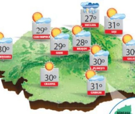 PROGNOZA METEO. Vreme frumoasă și caldă, dar cu înnorări și ploi la munte și în regiunile nordice