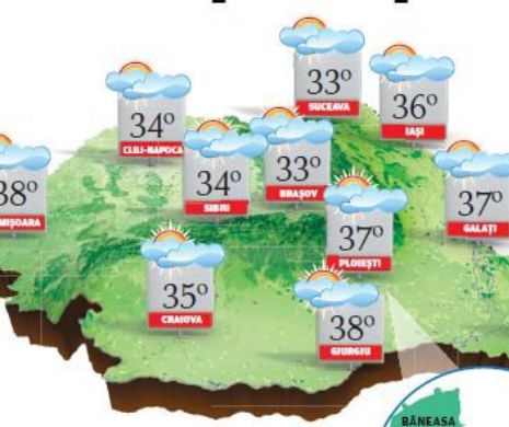 PROGNOZA METEO. Vremea caniculară va persista la nivelul întregii țări, doar la munte sunt posibile ploi slabe