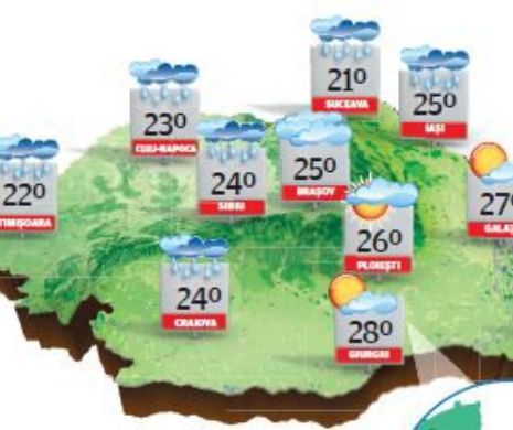PROGNOZA METEO. Înnorări și averse trecătoare, însoțite de descărcări electrice, în vestul, nordul și centrul țării