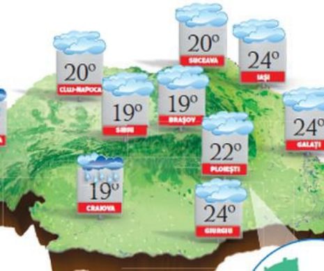 PROGNOZA METEO. Vremea devine instabilă, aria precipitațiilor cuprinzând, treptat, toate regiunile