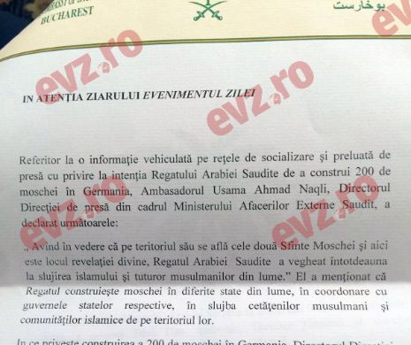 EXCLUSIV EVZ. REACŢIA Ambasadei Arabiei Saudite SCHIMBĂ total DISCUŢIILE din reţele sociale legate de CELE 200 DE MOSCHEI care ar urma să fie CONSTRUITE în Germania