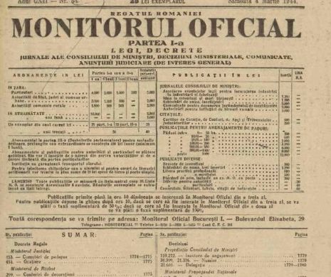 DOCUMENT RAR, cu parfumul anilor de altădată. Poţi vedea cum arăta o PAGINĂ DIN MONITORUL OFICIAL din 1944