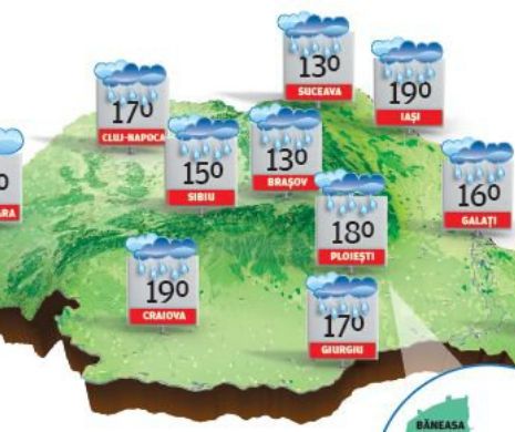 Ploi pe arii extinse în est, sud, centru și la munte, dar cu temperaturi normale | PROGNOZA METEO