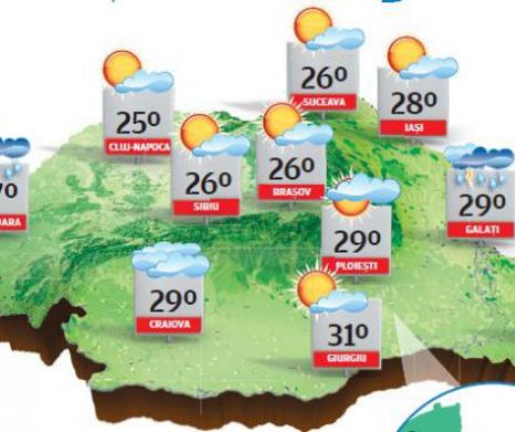 Vreme instabilă în jumătatea de vest a țării, cu averse, descărcări electrice și căderi de grindină | PROGNOZA METEO