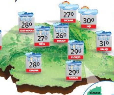 Vreme ploioasă în majoritatea regiunilor, cu averse și descărcări electrice