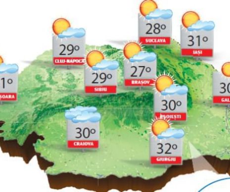 Început de săptămână cu temperaturi maxime generoase, doar ușor mai scăzute în depresiuni | PROGNOZA METEO