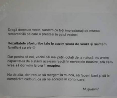 MESAJUL ULUITOR al unui bucureştean pentru VECINII SĂI care FAC AMOR ÎN FIECARE NOAPTE. Imaginea a devenit VIRALĂ
