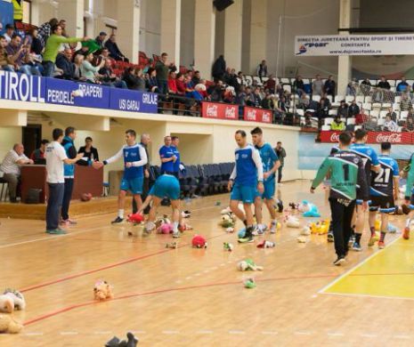 Ploaie de jucării din pluș pe terenul Handbal Club Dobrogea, pentru copiii sărmani