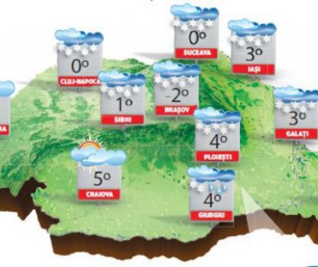 Temperaturi din ce în ce mai scăzute, cu precipitații mixte și ninsori în toată țara | PROGNOZA METEO