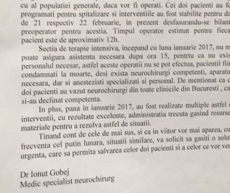 Apelul disperat al unui neurochirurg care vrea să salveze vieți la Spitalul Colentina, ignorat de manager. Scrisoarea dr  Ionuț Gobej, virală pe internet